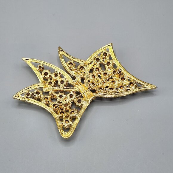 Flat Bow Brooch Pin Costume Jewelry Gold Tone Clear Stones Holiday Gift Xmas - Picture 6 of 11